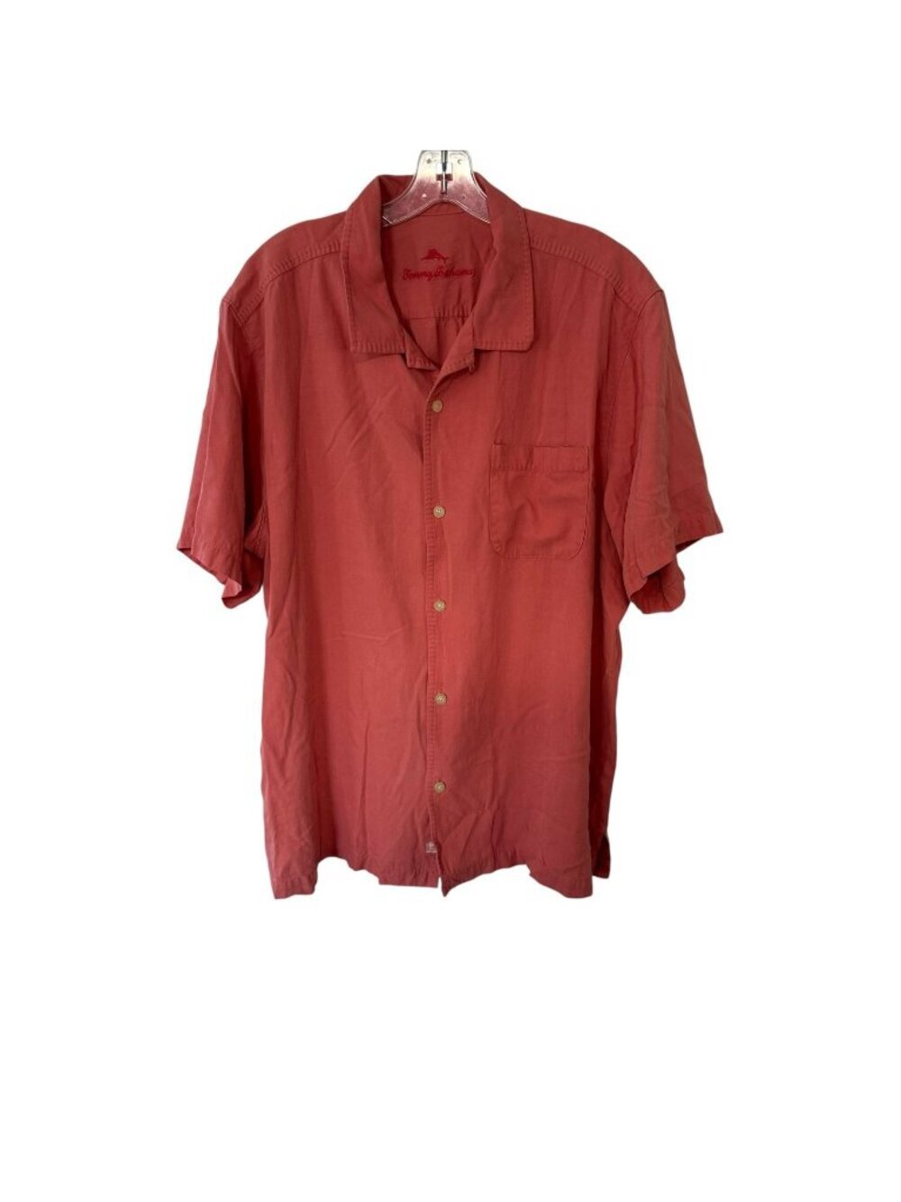 Tommy Bahama Hawaiian Herringbone Silk Camp Shirt Button Up Coral Men’s Size XL